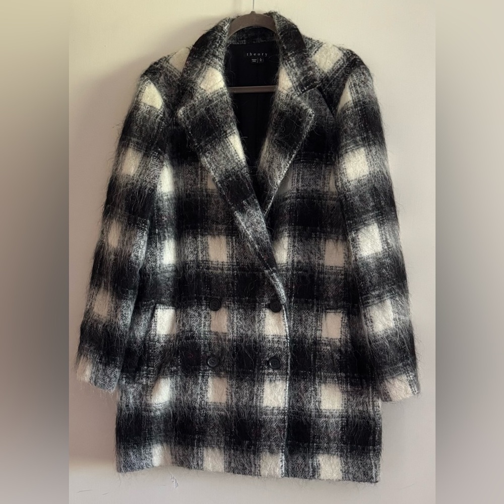 Theory Café Plaid Wool Blend Jacket Black Ivory Check- NWOT -size Large